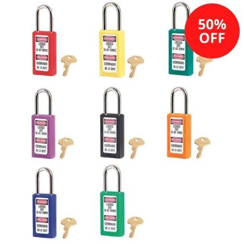 Master Lock 411AST Multicolored 8-Pack of Zenex™ Thermoplastic Safety Padlock, 1-1/2in (38mm) Wide with 1-1/2in (38mm) Tall Shackle