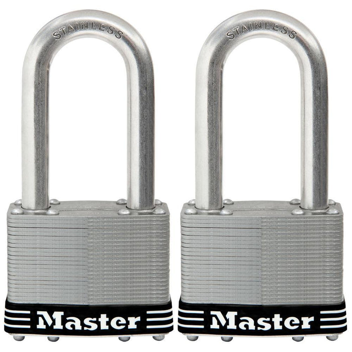 Master Lock 15SST 2-1/2in (64mm) Wide Laminated Stainless Steel Padlock with 2-1/2in (64mm) Shackle, 2 Pack-Keyed-HodgeProducts.com