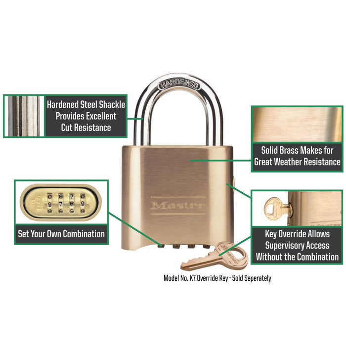 Master Lock 176 Resettable Combination Brass Padlock, Supervisory Key Override 2in (51mm) Wide-Combination-HodgeProducts.com