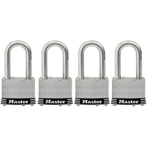 Master Lock 1SSQ 1-3/4in (44mm) Wide Laminated Stainless Steel Padlock with 1-1/2in (38mm) Shackle; 4 pack-Keyed-HodgeProducts.com