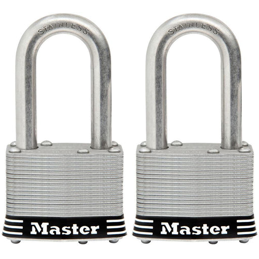 Master Lock 1SST 1-3/4in (44mm) Wide Laminated Stainless Steel Padlock with 1-1/2in (38mm) Shackle; 2 pack-Keyed-HodgeProducts.com