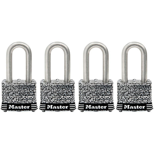 Master Lock 3SSQ 1-9/16in (40mm) Wide Laminated Stainless Steel Padlock with 1-1/2in (38mm) Shackle; 4 Pack-Keyed-HodgeProducts.com