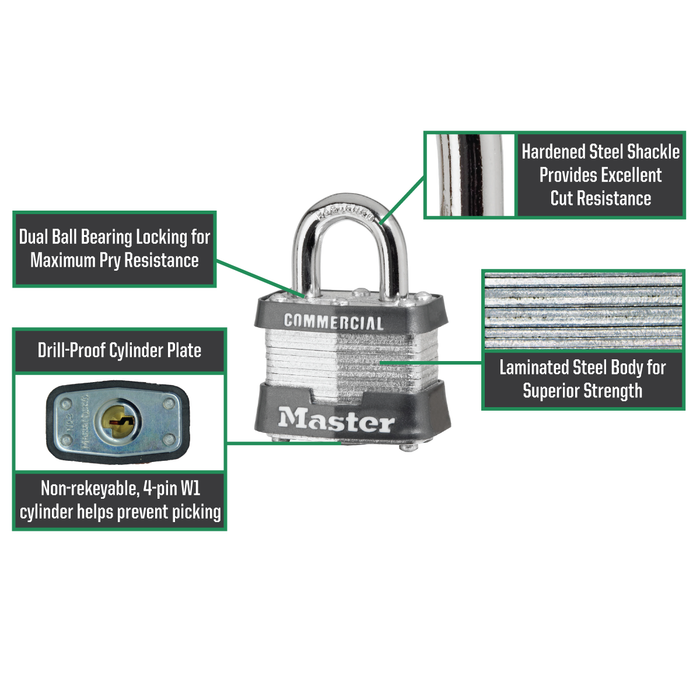 Master Lock 3 Laminated Steel Padlock 1-9/16in (40mm) Wide-Keyed-Master Lock-MasterLocks.com