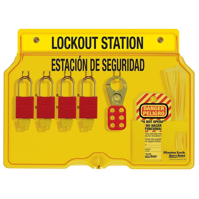 Master Lock 1482BP1106ES 4-Lock Padlock Station, English/Spanish, Anodized Aluminum Padlocks-Keyed-HodgeProducts.com