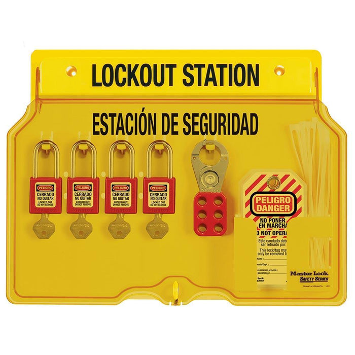 Master Lock 1482BP410ES 4-Lock Padlock Station, English/Spanish, Zenex™ Thermoplastic Padlocks-Keyed-HodgeProducts.com