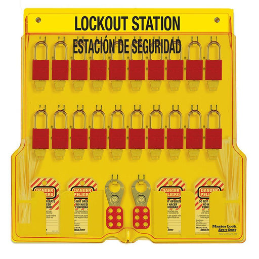 Master Lock 1484BP1106ES 20-Lock Padlock Station, English/Spanish, Anodized Aluminum Padlocks-Keyed-HodgeProducts.com
