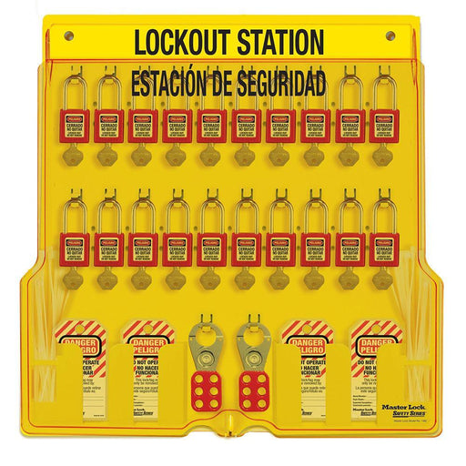 Master Lock 1484BP410ES 20-Lock Padlock Station, English/Spanish, Zenex™ Thermoplastic Padlocks-Keyed-HodgeProducts.com
