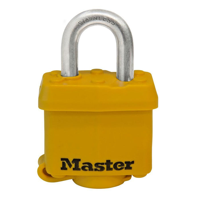 Master Lock 315SSKAD Covered Stainless Steel Padlock; Yellow 1-9/16in (40mm) Wide-Keyed-HodgeProducts.com