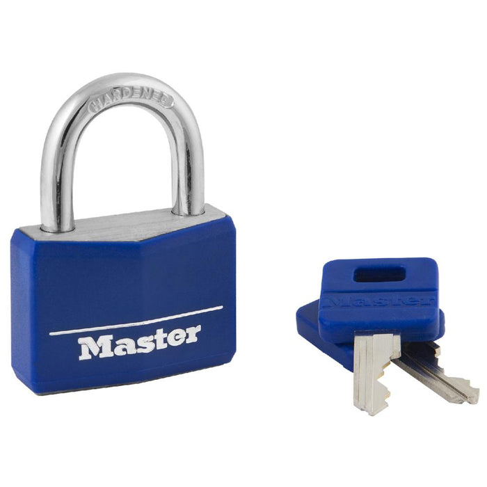 Master Lock 142DCM Covered Solid Body Padlock; Blue 1-9/16in (40mm) Wide-Keyed-HodgeProducts.com