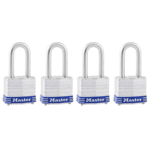 Master Lock 3Q 1-9/16in (40mm) Wide Laminated Steel Padlock with 1-1/2 (38mm) Shackle; 4 Pack-Keyed-HodgeProducts.com