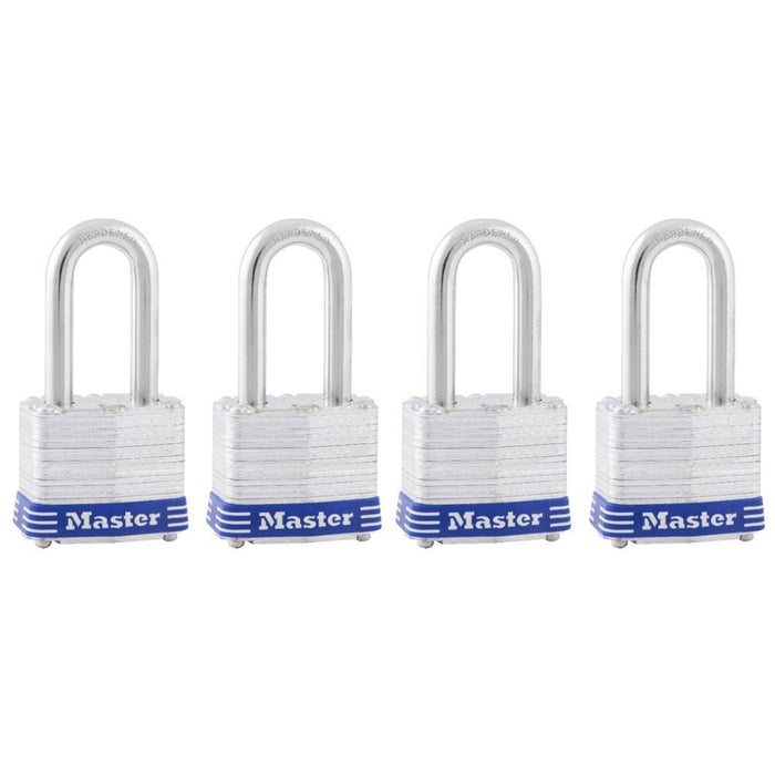 Master Lock 3Q 1-9/16in (40mm) Wide Laminated Steel Padlock with 1-1/2 (38mm) Shackle; 4 Pack-Keyed-HodgeProducts.com