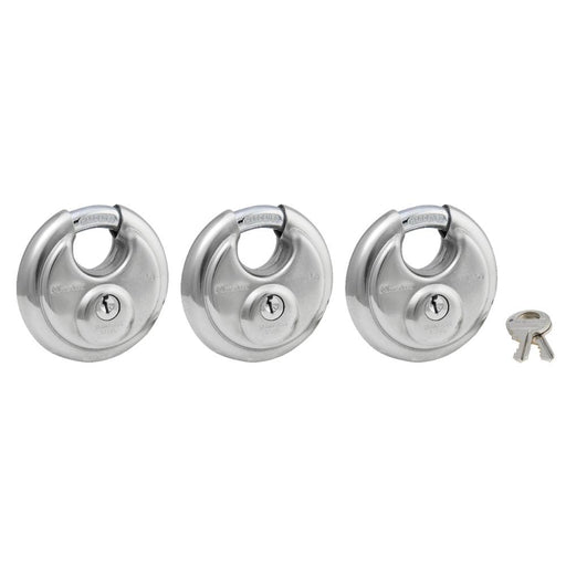 Master Lock 40TRI wide stainless steel shrouded padlock, 3-pack 2-3/4in (70mm) Wide-Keyed-HodgeProducts.com