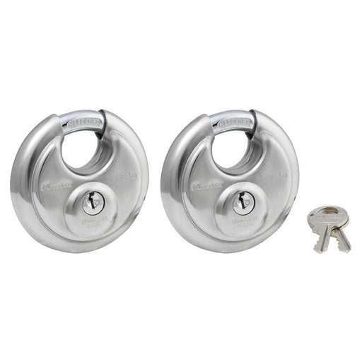 Master Lock 40T wide stainless steel shrouded padlock, 2-pack 2-3/4in (70mm) Wide-Keyed-HodgeProducts.com