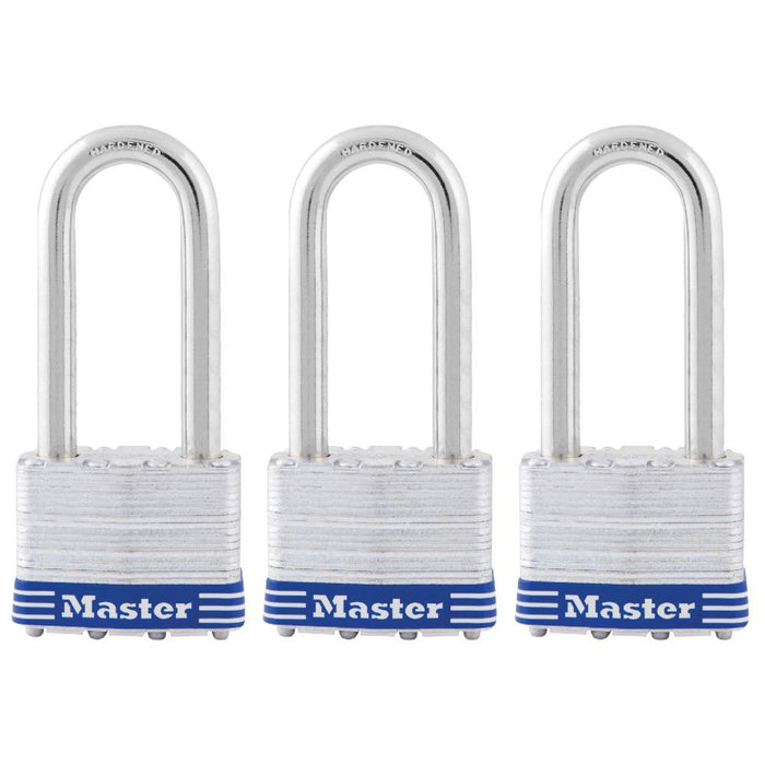 Master Lock 5TRI 2in (51mm) wide laminated steel padlock, 2-1/2in (64mm) shackle, 3-pack-Keyed-HodgeProducts.com